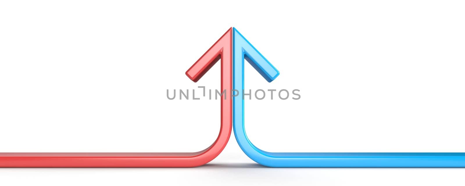 Arrow formed by two merging red and blue lines 3D rendering illustration isolated on white background