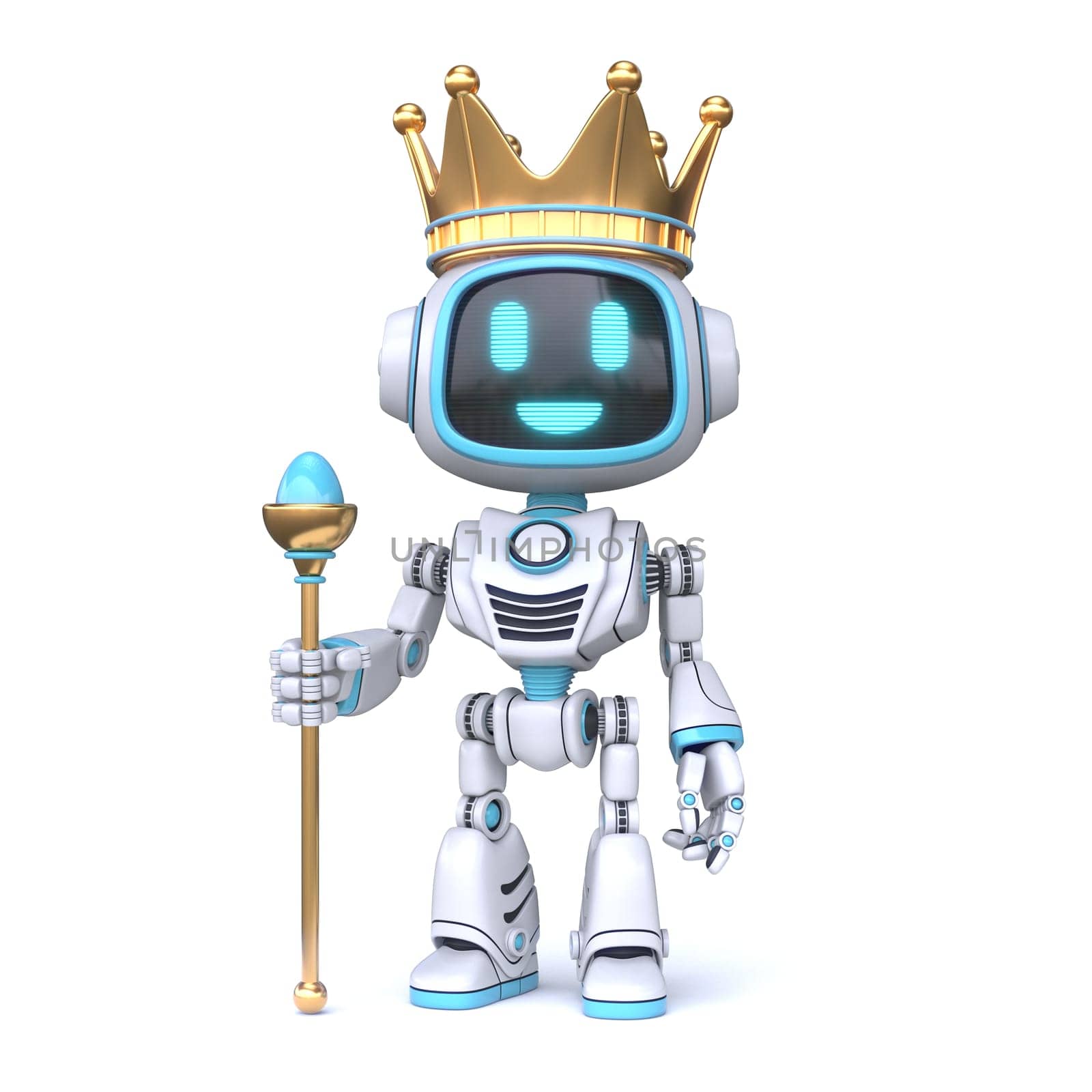 Cute blue robot with crown King robot 3D rendering illustration isolated on white background