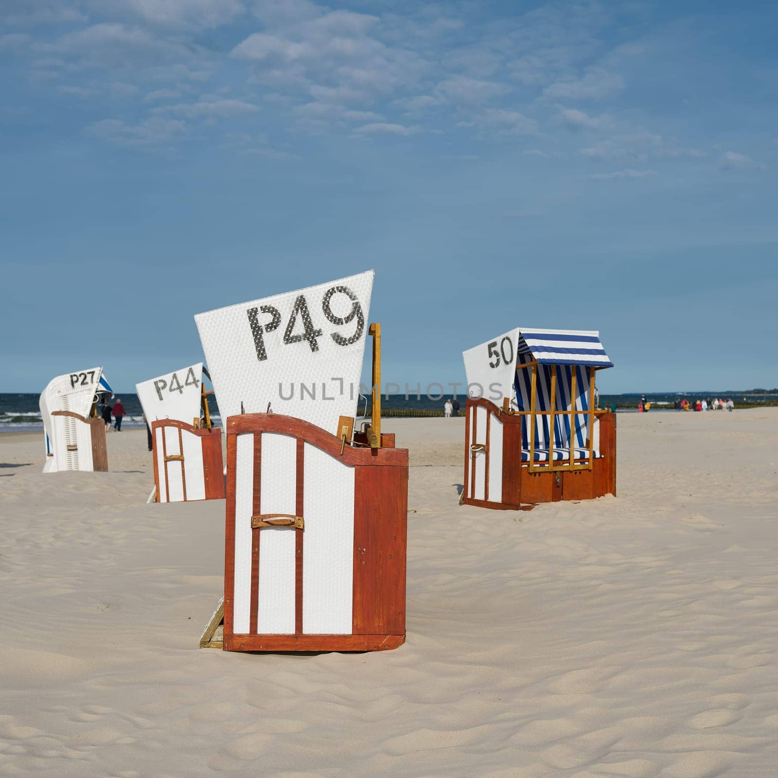 Beach chairs on the beach of Kolobrzeg on the coast of the Baltic Sea in Poland