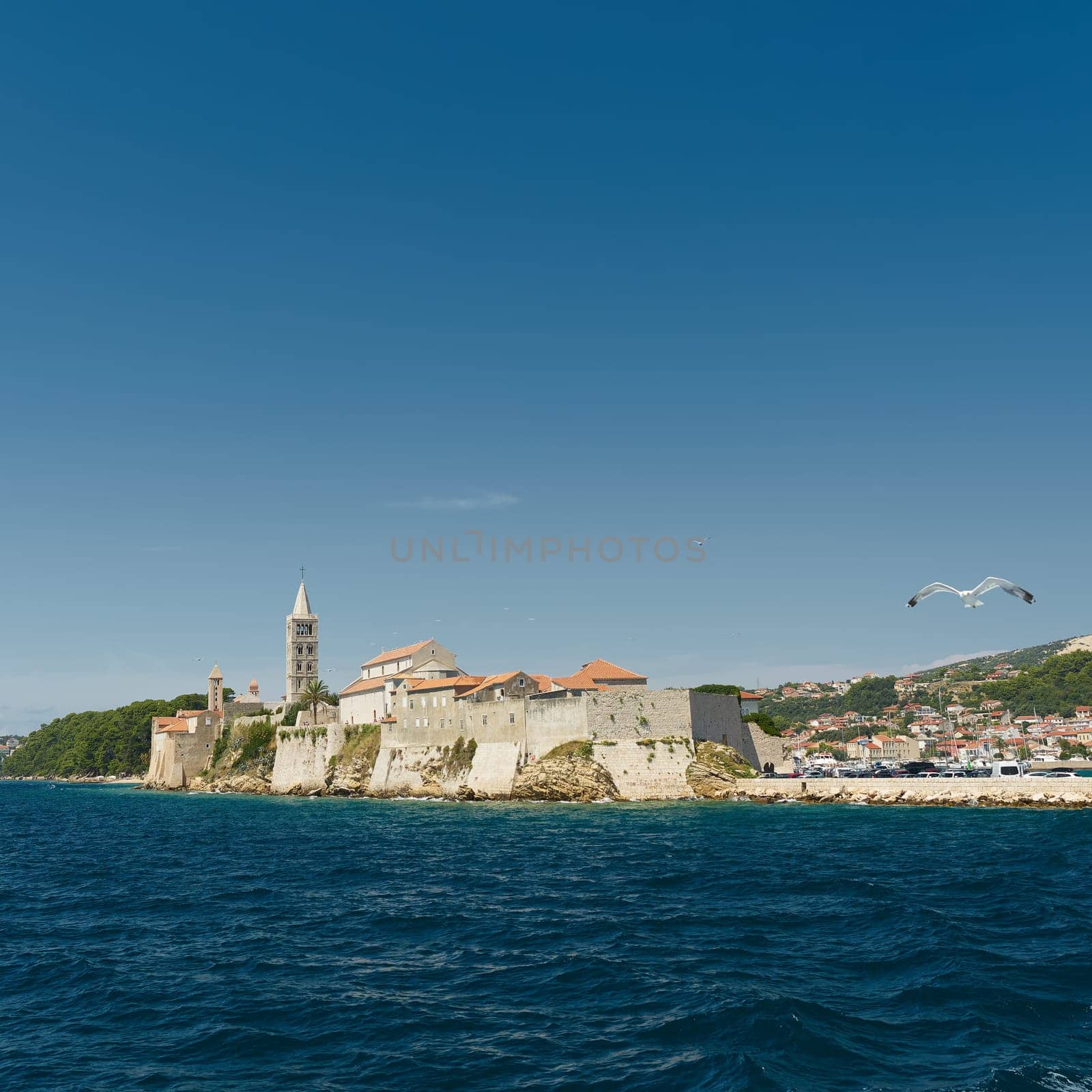 View of the old town of Rab in Croatia from the Adriatic Sea