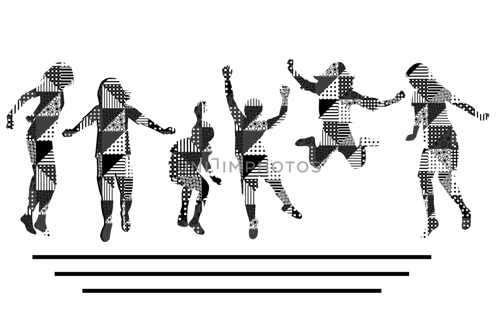 Children silhouettes in black and white geometrical pattern
