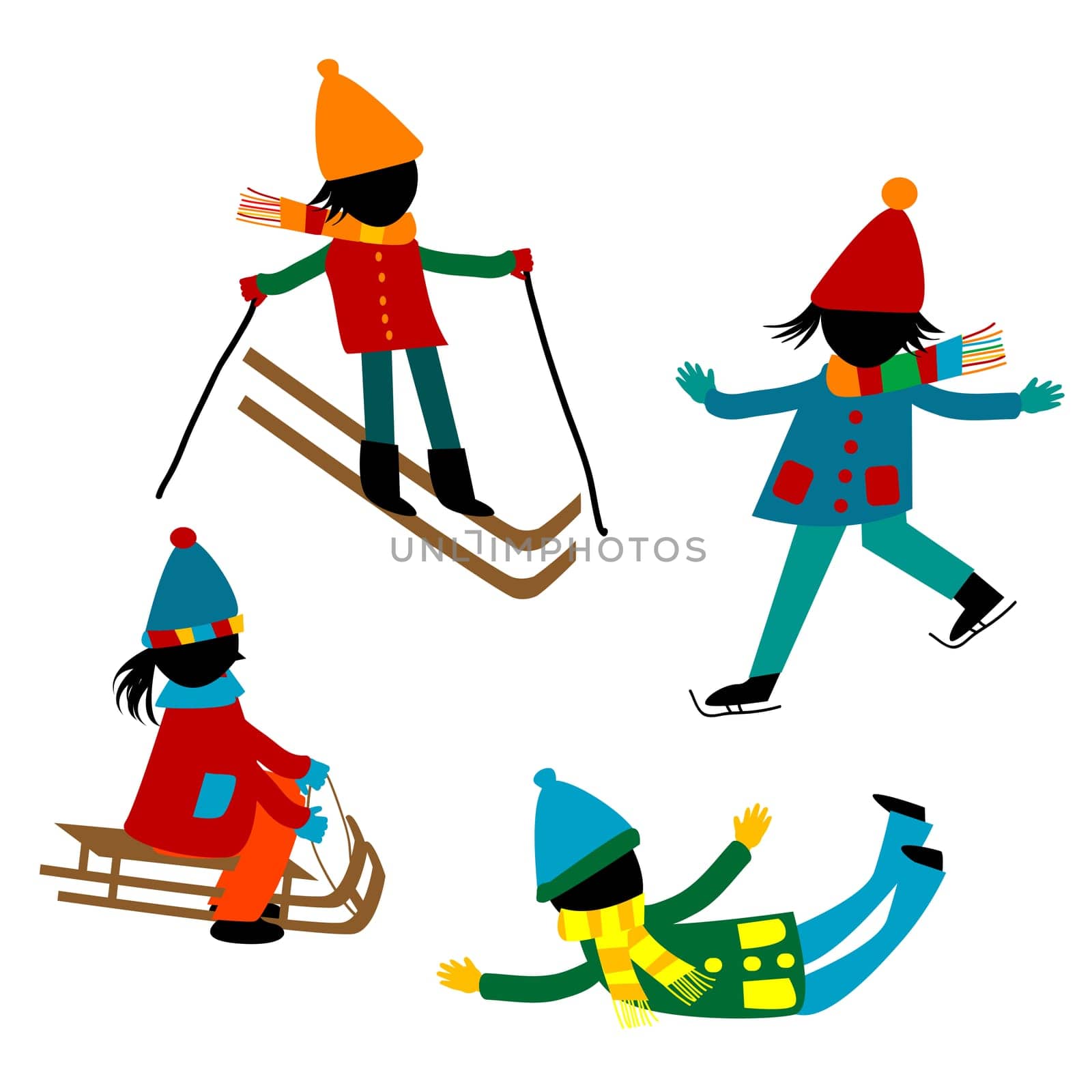 Cartoon kids playing in the winter