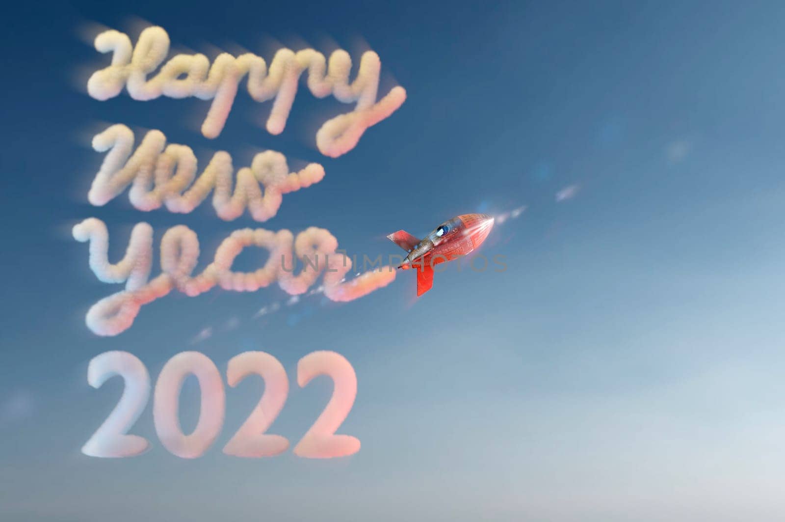 3d illustration. Happy New year 2022 . Concept. Cloud drawing by rocket in sky