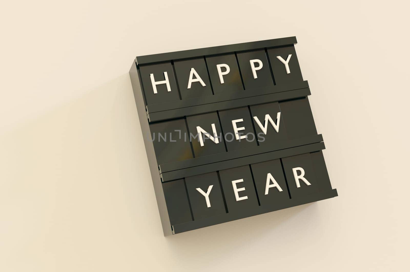 3d illustration. Happy New Year Text black Light Box on background . Copy Space For Message.