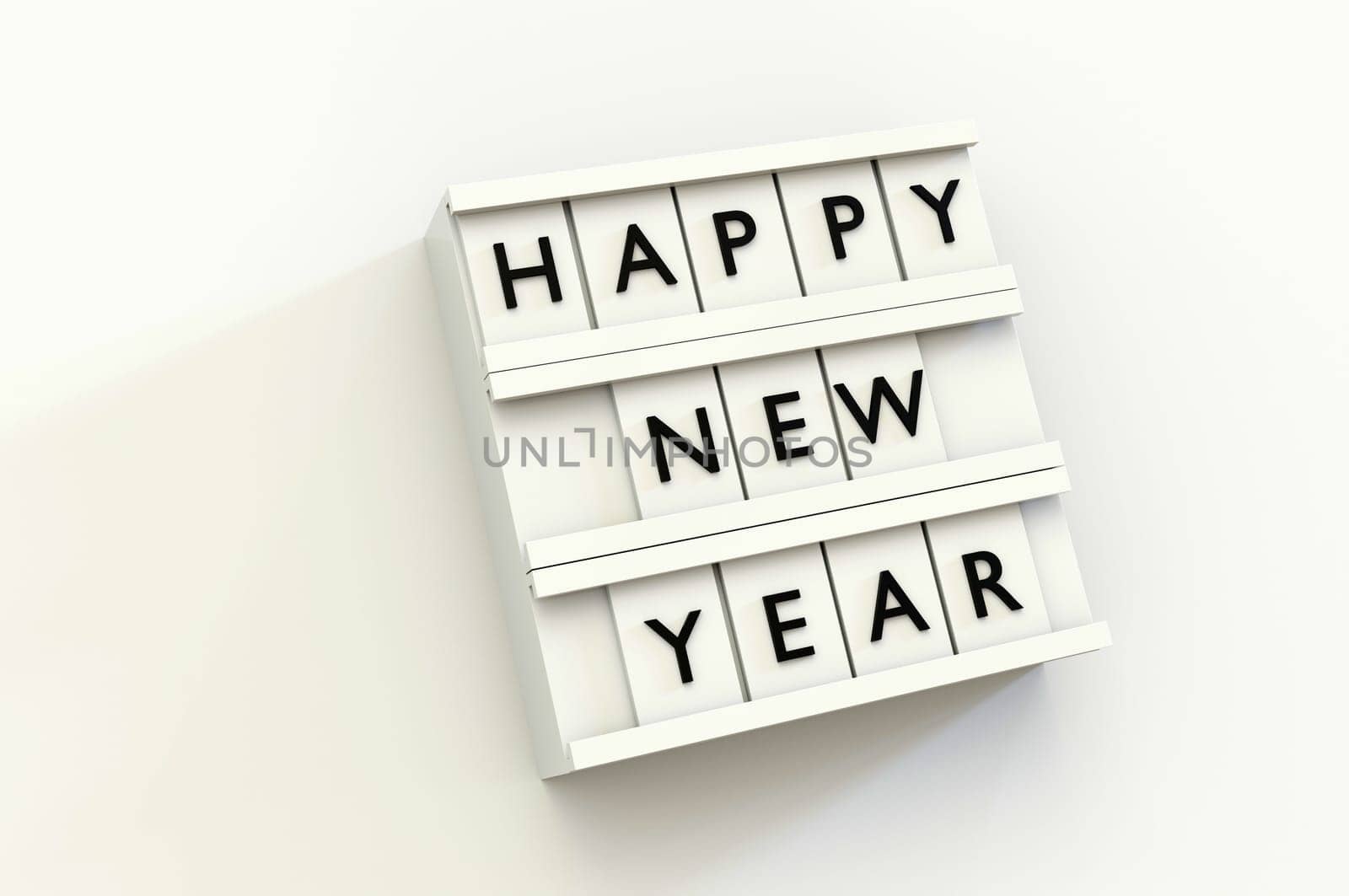 3d illustration. Happy New Year Text Light Box on background . Copy Space For Message.