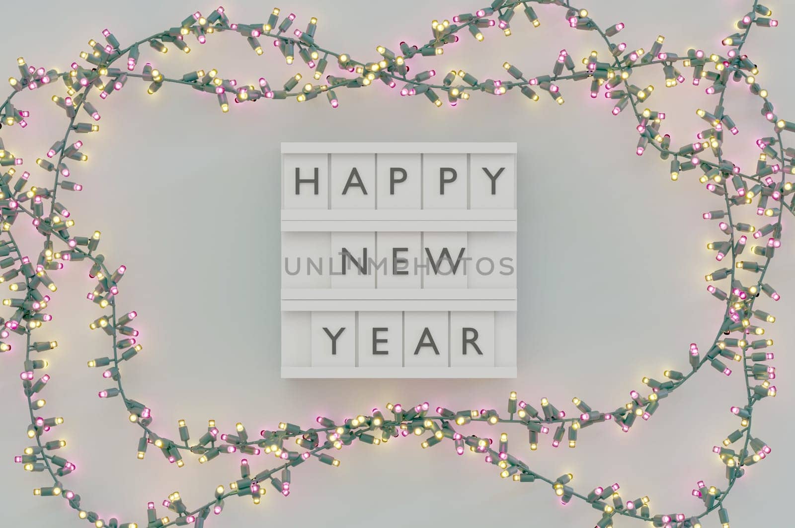 3d illustration. Happy New Year Text Light Box and Glowing light bulbs Christmas and New Year on white background . Copy Space For Message.