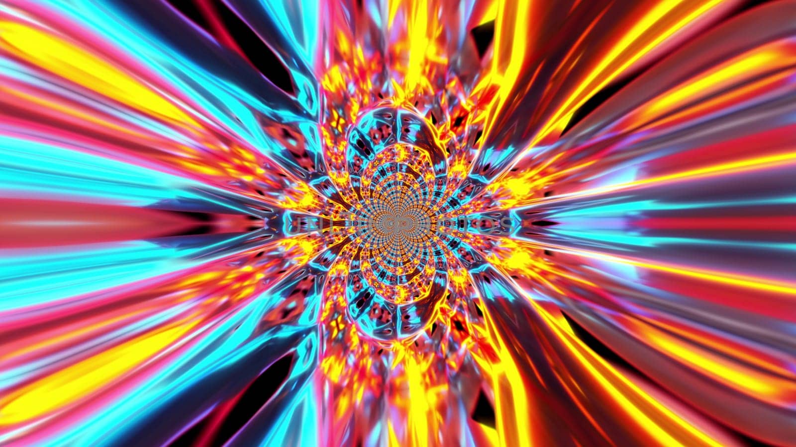 Round changing 3d render mosaic with circling bright flower and refraction ornaments. Psychedelic geometric crystals with futuristic decorative mandala symmetry drawing.