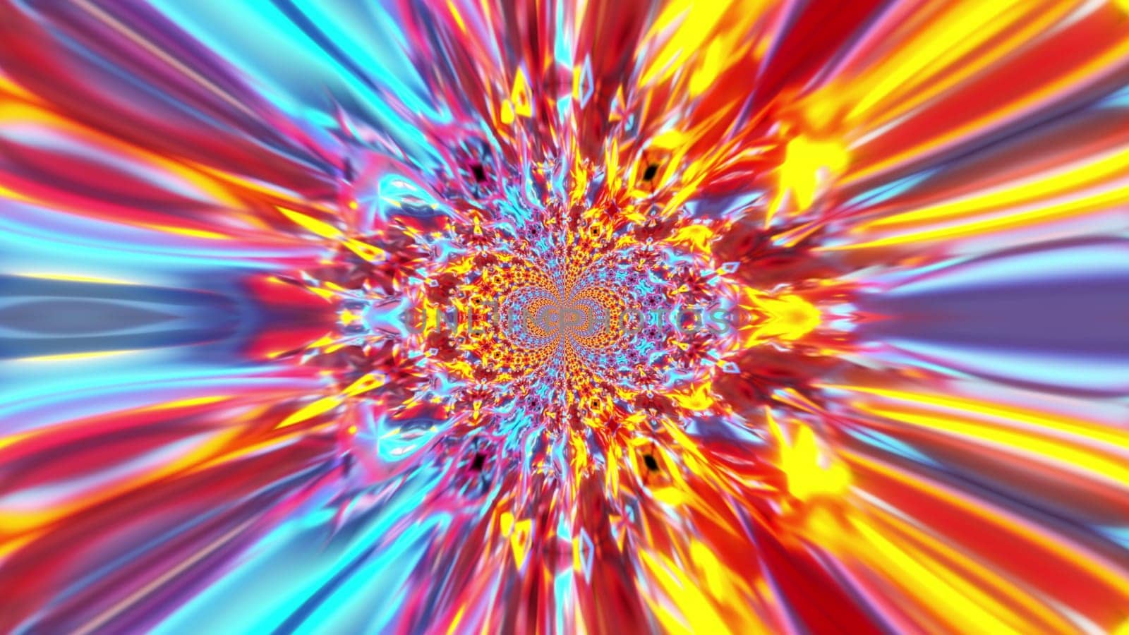 Round changing 3d render mosaic with circling bright flower and refraction ornaments. Psychedelic geometric crystals with futuristic decorative mandala symmetry drawing.