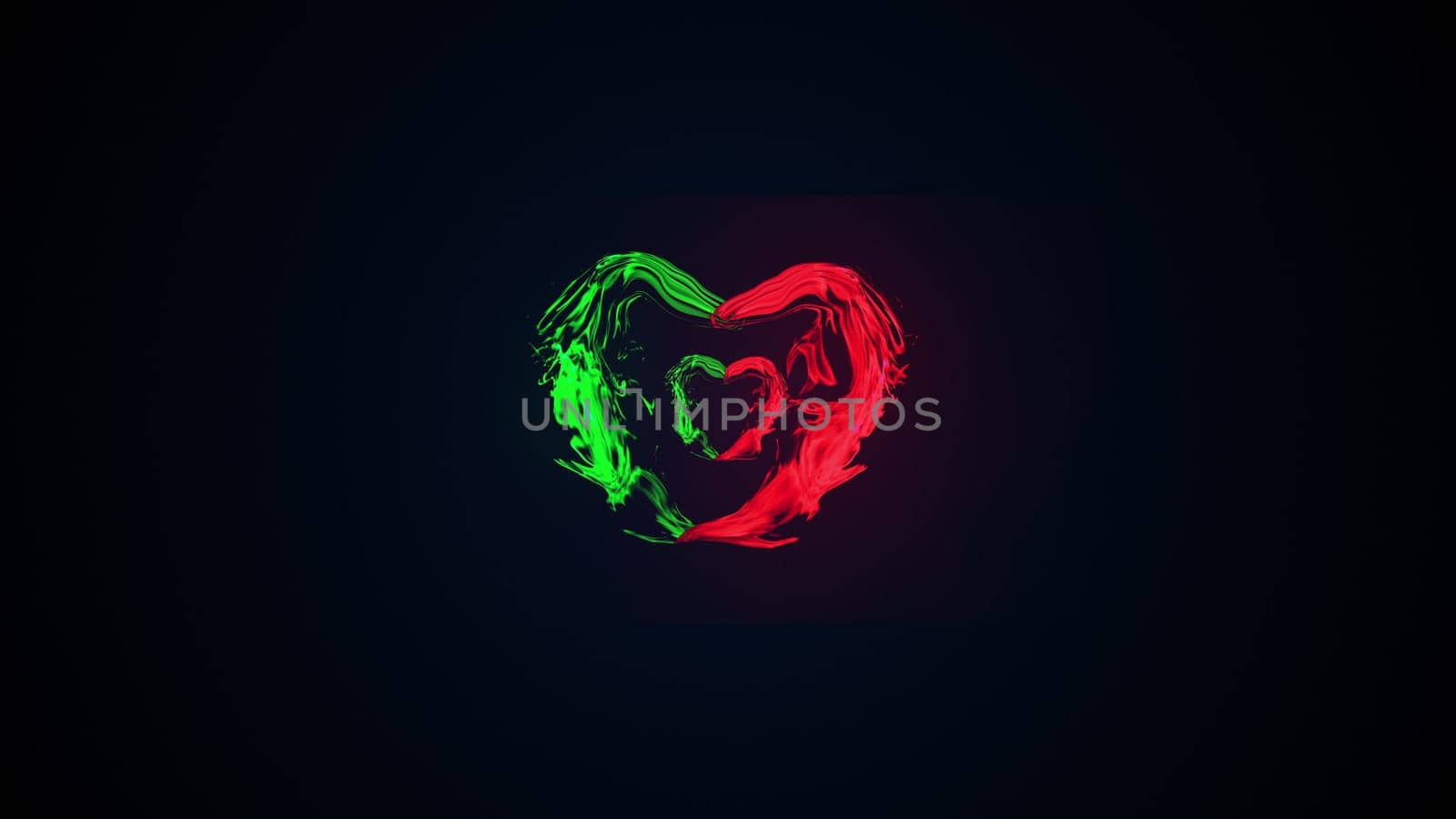 Romantic symbol with 3d render of glowing linear streams and energy clots. Magic of passion and glowing love. Bright decoration and energy frame for digital presentation.