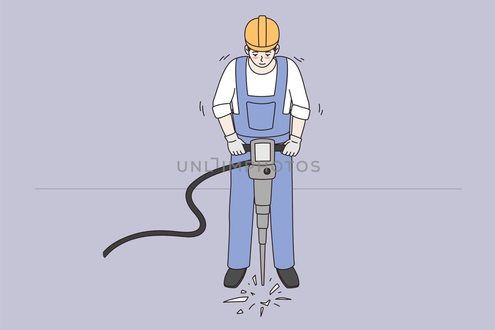 Construction works and industry concept. Man worker wearing helmet and blue uniform standing drilling ground with special machine vector illustration