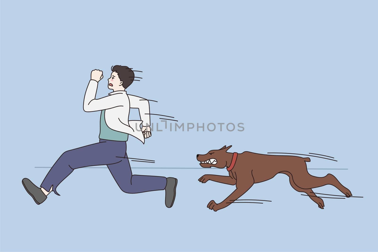 Feeling scared and afraid of dogs concept. Young stressed afraid man running from brown dog outdoors feeling scared and panic vector illustration