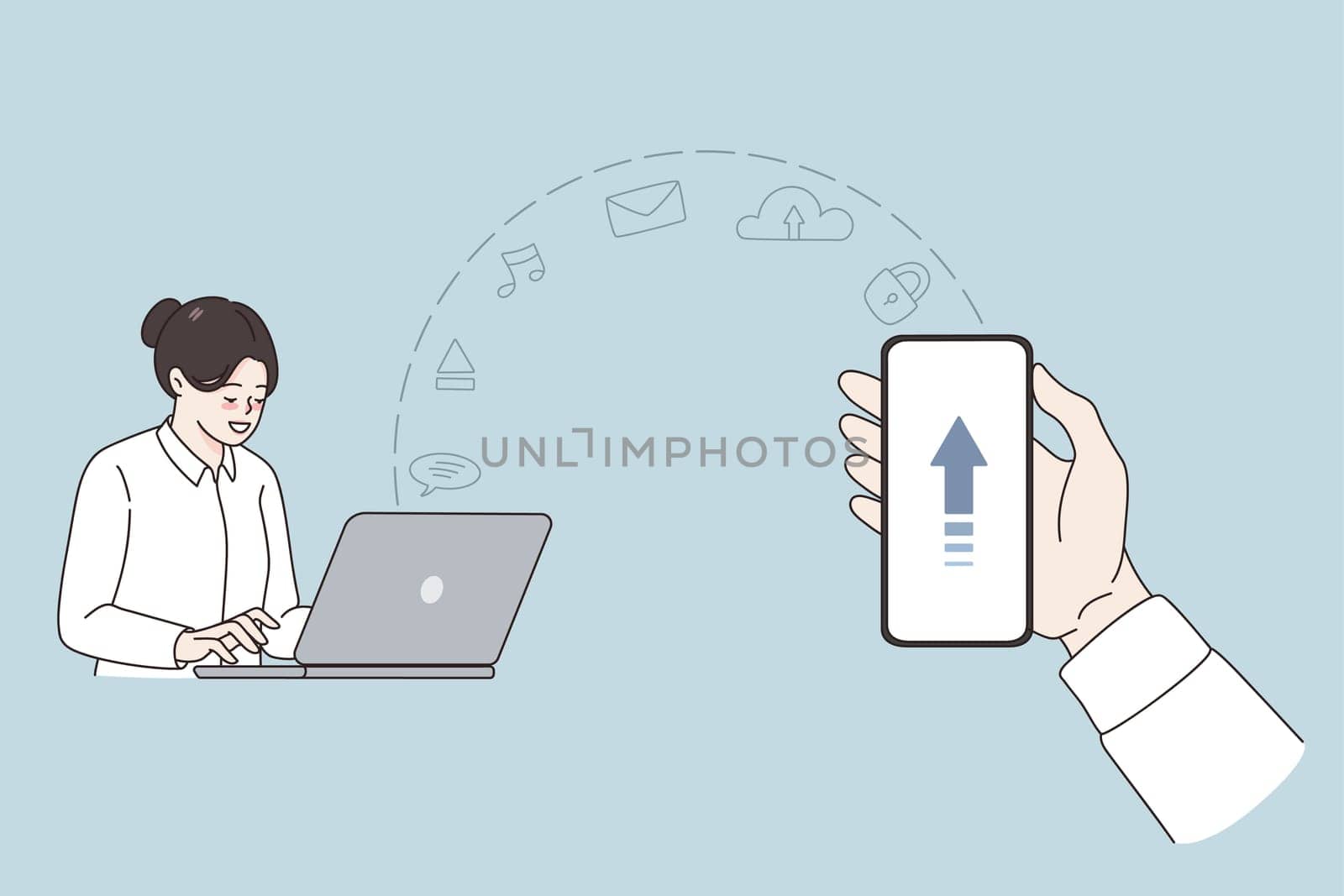 Downloading and information clouds concept. Hands of businessman holding smartphone with downloading information and woman sitting at laptop and searching for music letters vector illustration