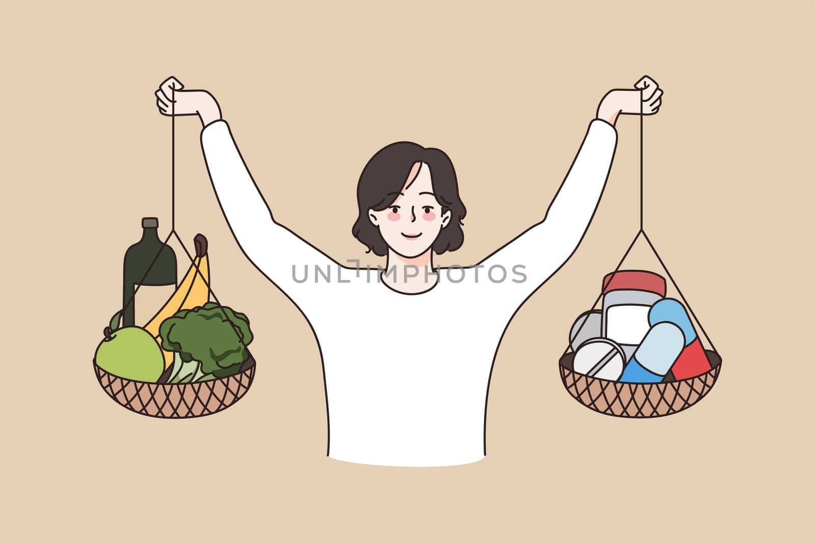 Healthy lifestyle and vitamins concept. Smiling woman standing holding baskets with fresh raw diet fruits and veggies and medical vitamins in hands vector illustration
