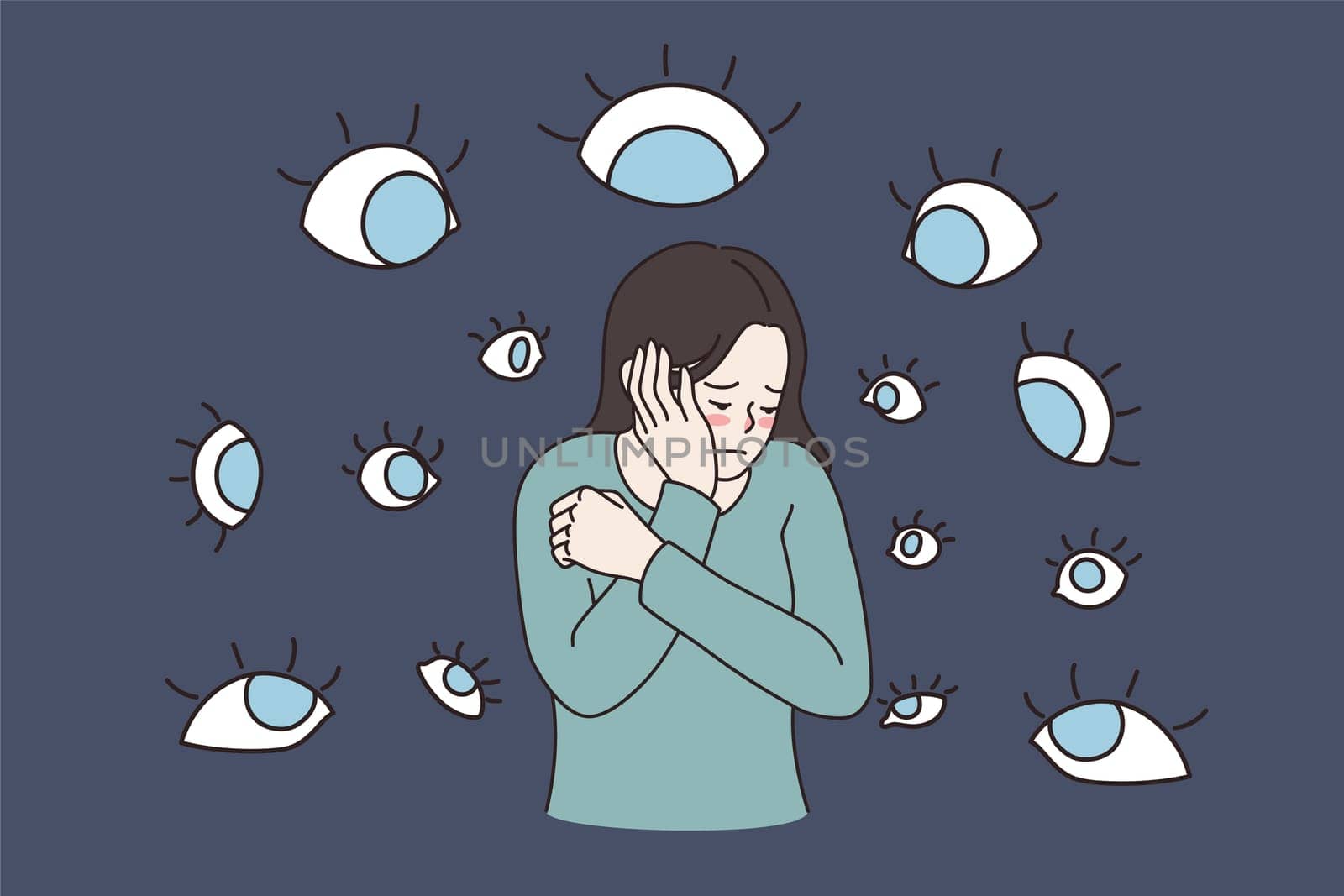 Suffering from evil eyes concept. Sad depressed ashamed girl standing touching her face feeling influence and public attitude and opinion vector illustration
