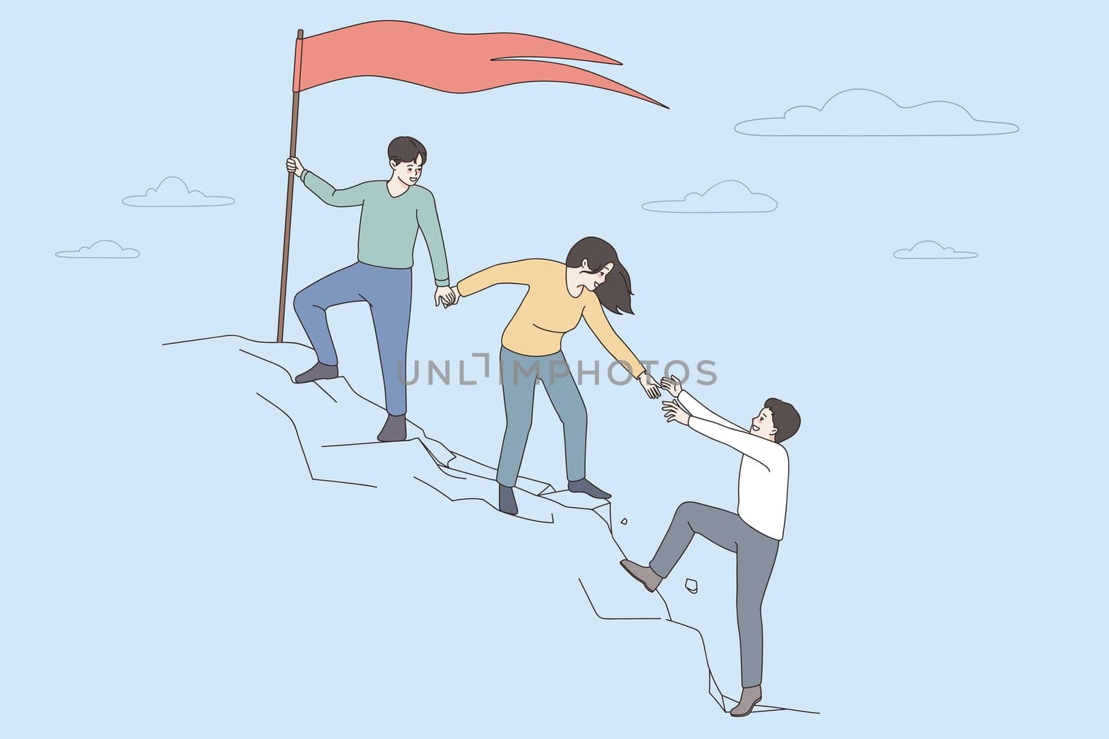 Teamwork, success and achievement concept. Group of Young coworkers helping each other to climb up mountain to reach red flag together vector illustration