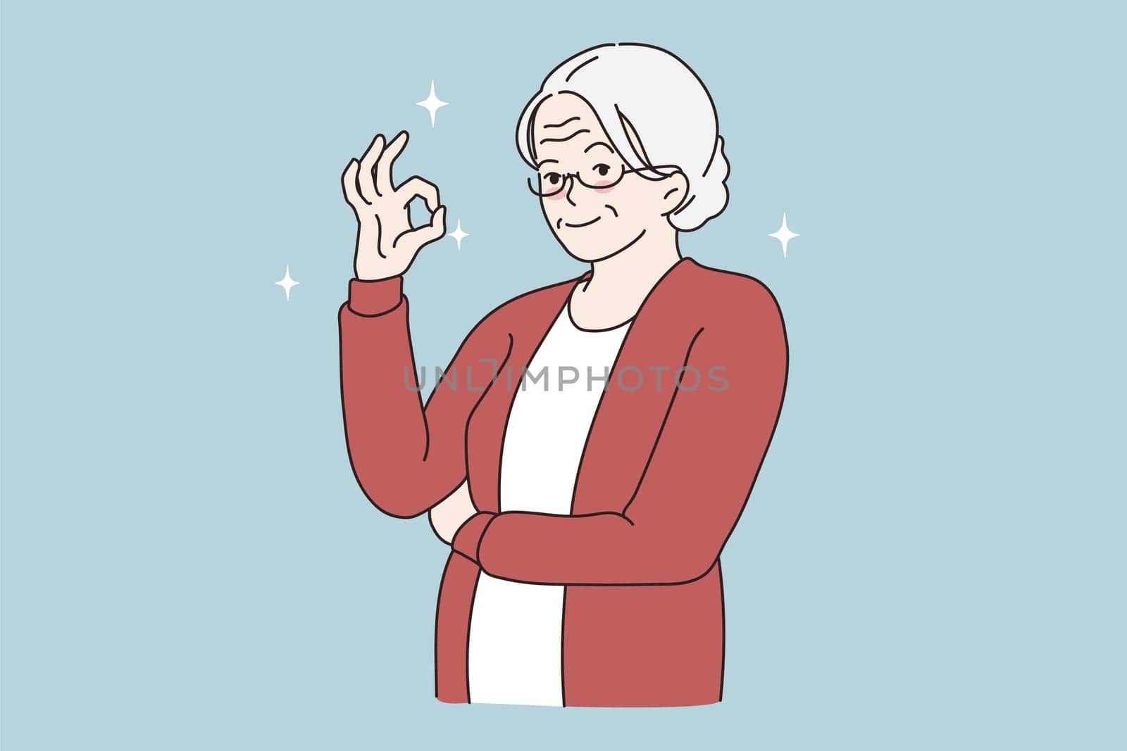 Ok good sign gesture concept. Smiling elderly mature grey haired woman standing showing ok sign with fingers on hand looking at camera vector illustration