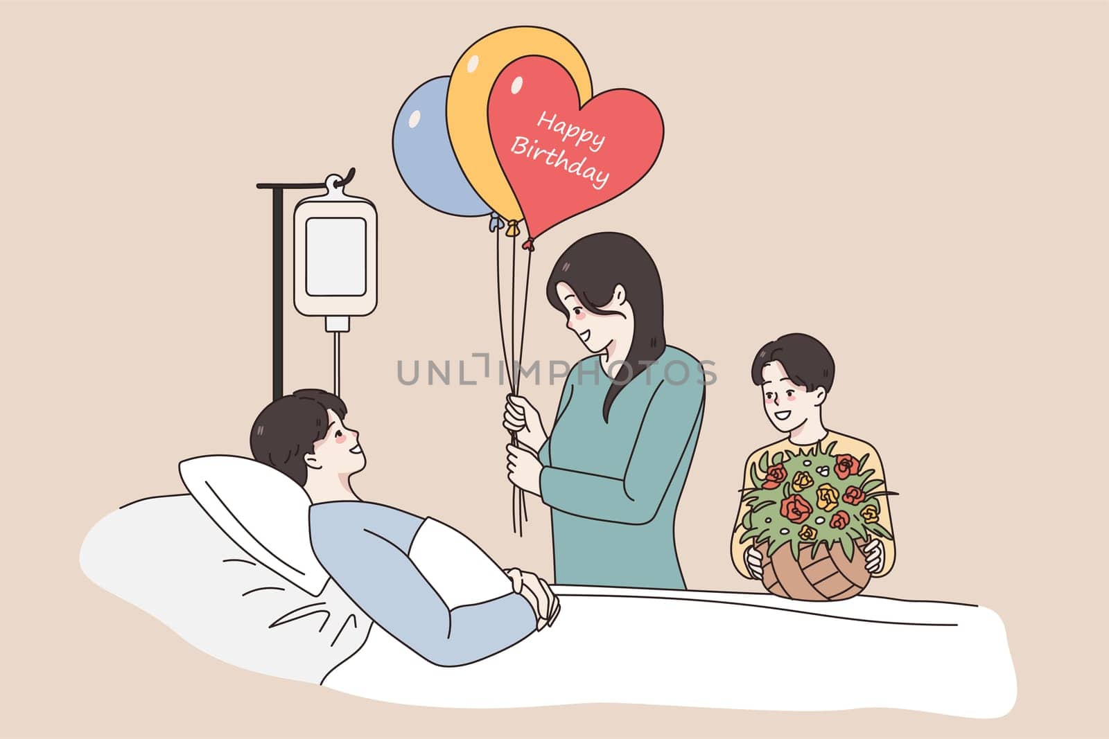 Celebrating birthday in hospital concept. Young father man lying in bed in hospital being ill greeting his wife and son with birthday balloons and flowers feeling positive vector illustration