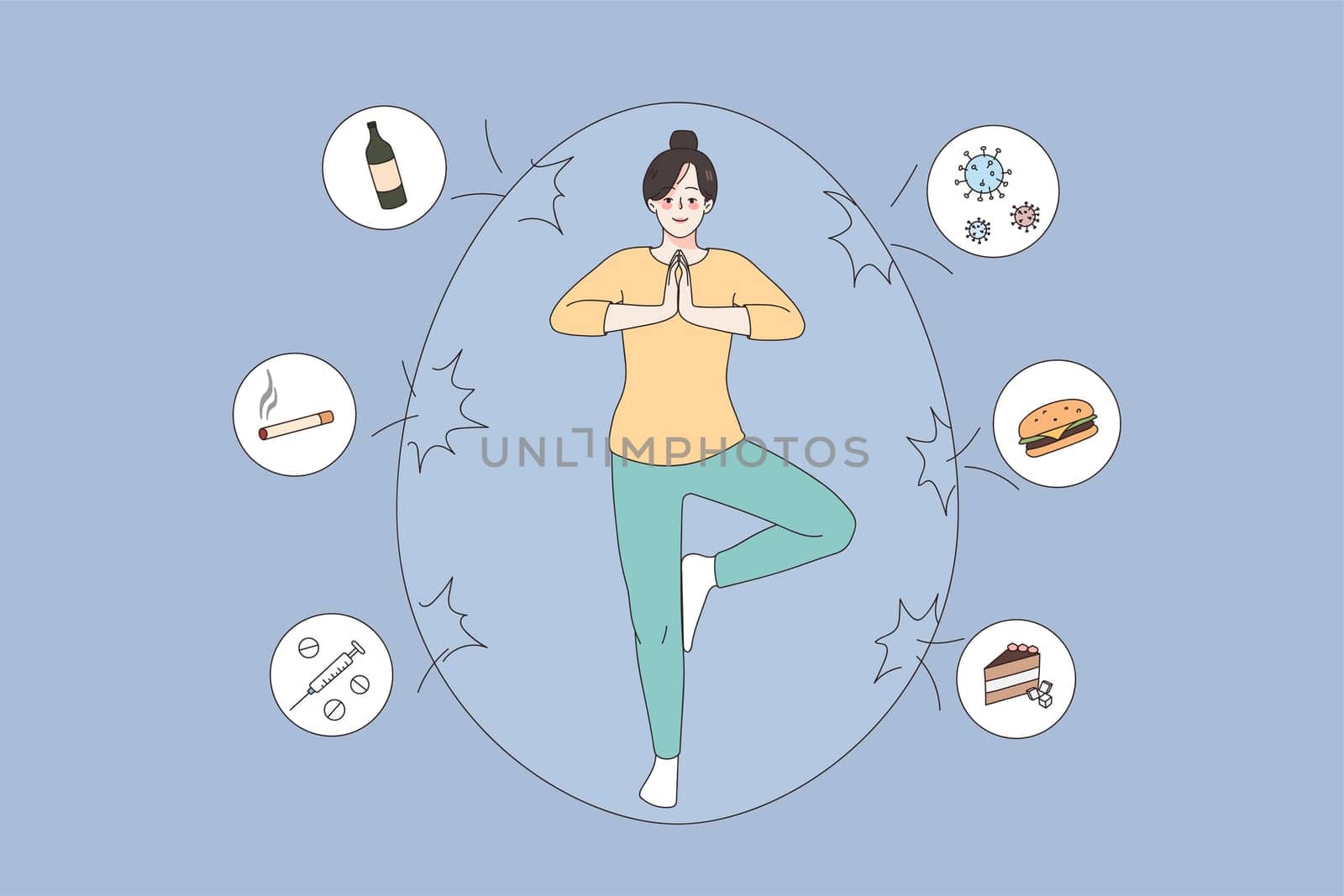Keeping balance and healthy lifestyle concept. Young smiling woman with healthy life balancing making yoga position in egg shell with fast foods and bad habits outside vector illustration