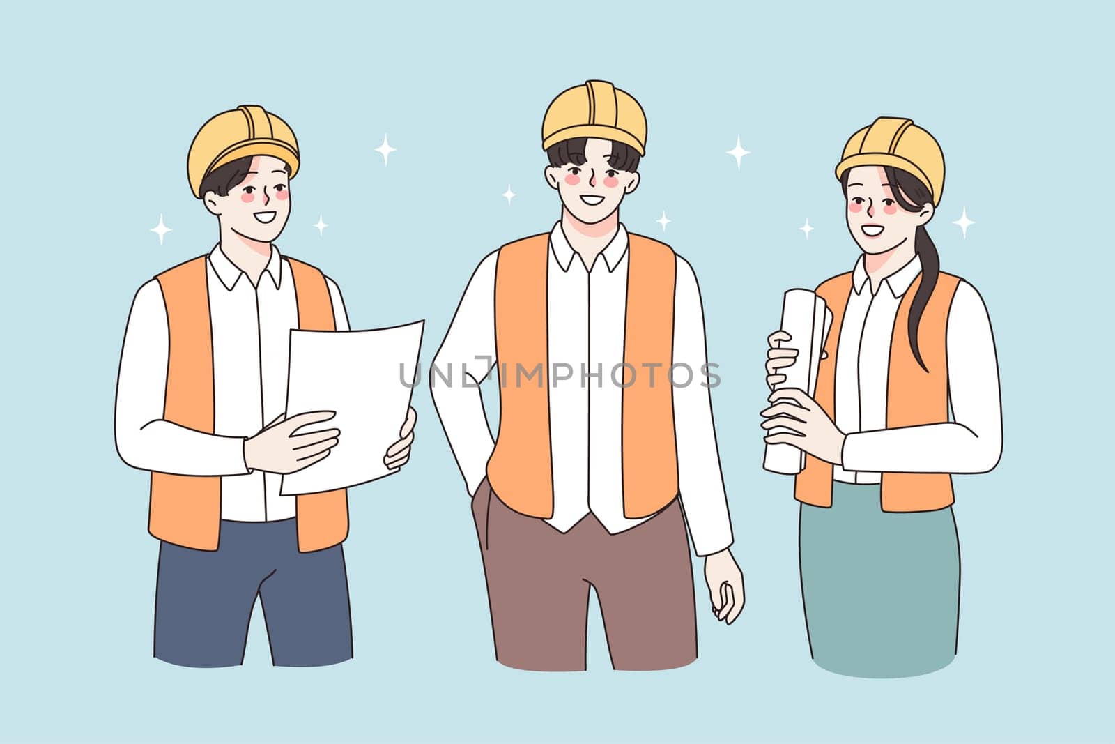 Construction industry and teamwork concept. Group of young smiling workers builders in helmets and uniform standing holding documents and blueprints vector illustration