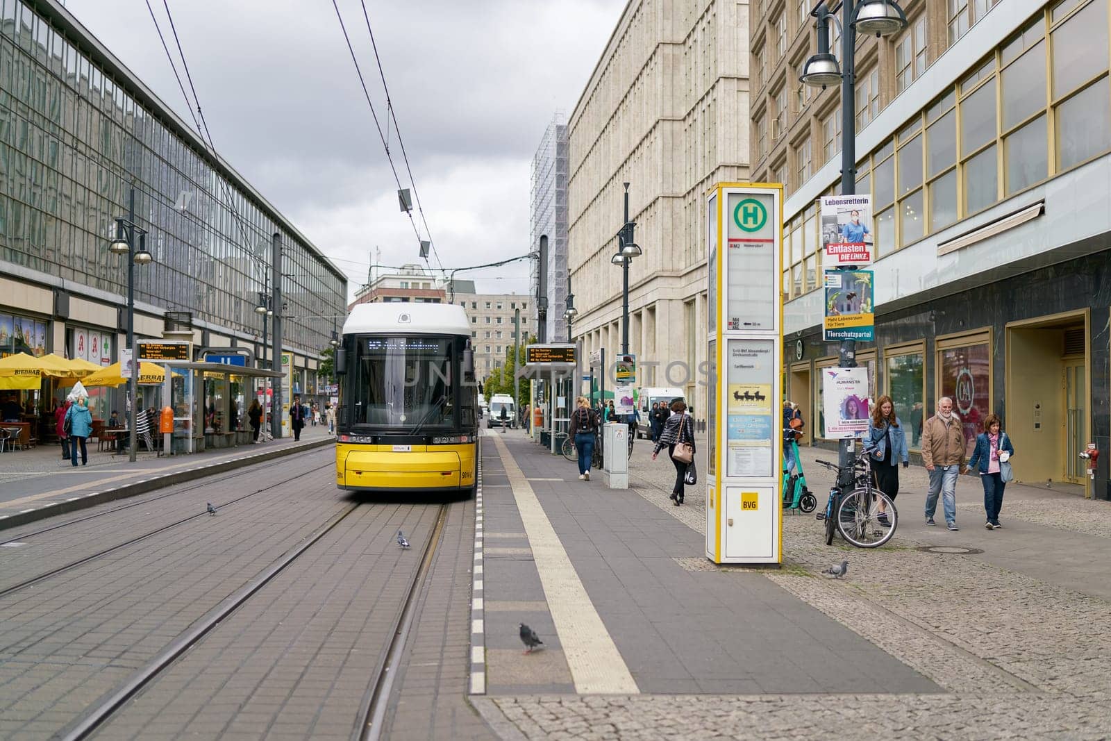 Stop of a tram near Alexanderplatz in the center of Berlin