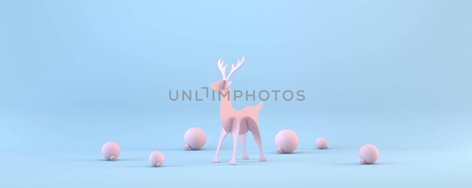 Pink Christmas balls wooden reindeer and 3D rendering illustration isolated on blue background