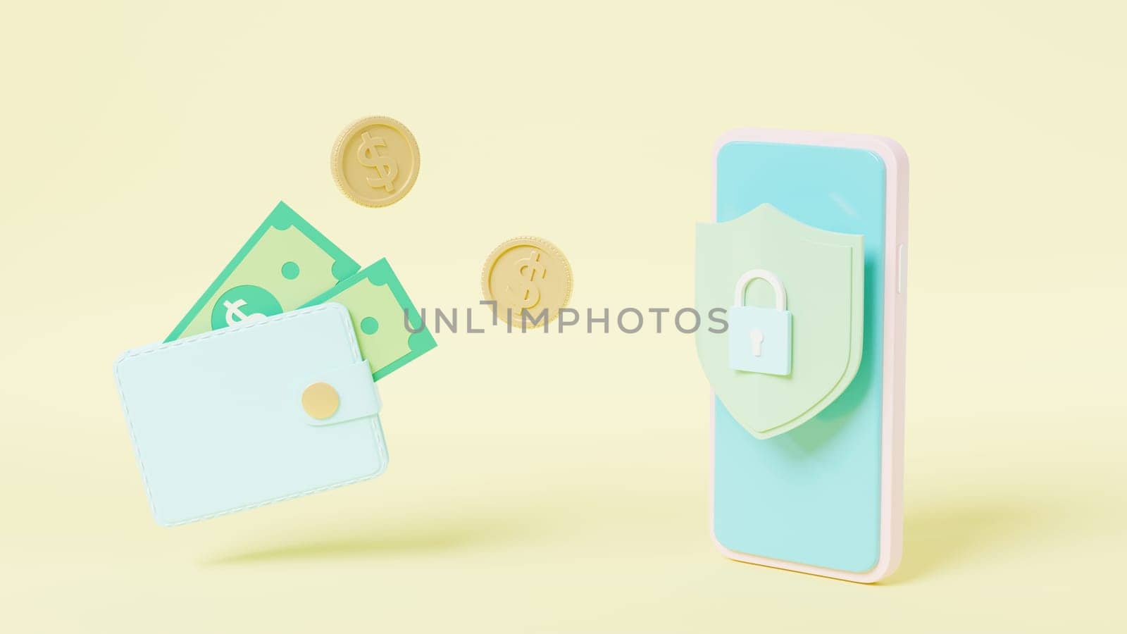 Security financial savings online payment protection on smartphone online transaction banking, Money transfer from wallet into mobile phone with Secure bank, Isometric 3D rendering illustration