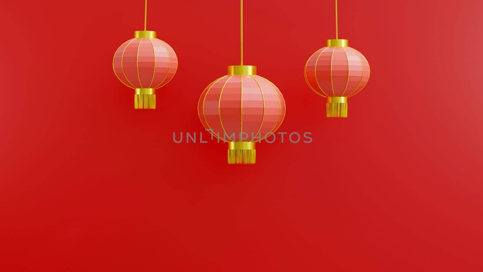 Happy Chinese New Year. Chinese lantern cylindrical shape on red background, Hanging red paper lantern traditional lamp, luxury CNY element for web design, 3D Rendering illustration