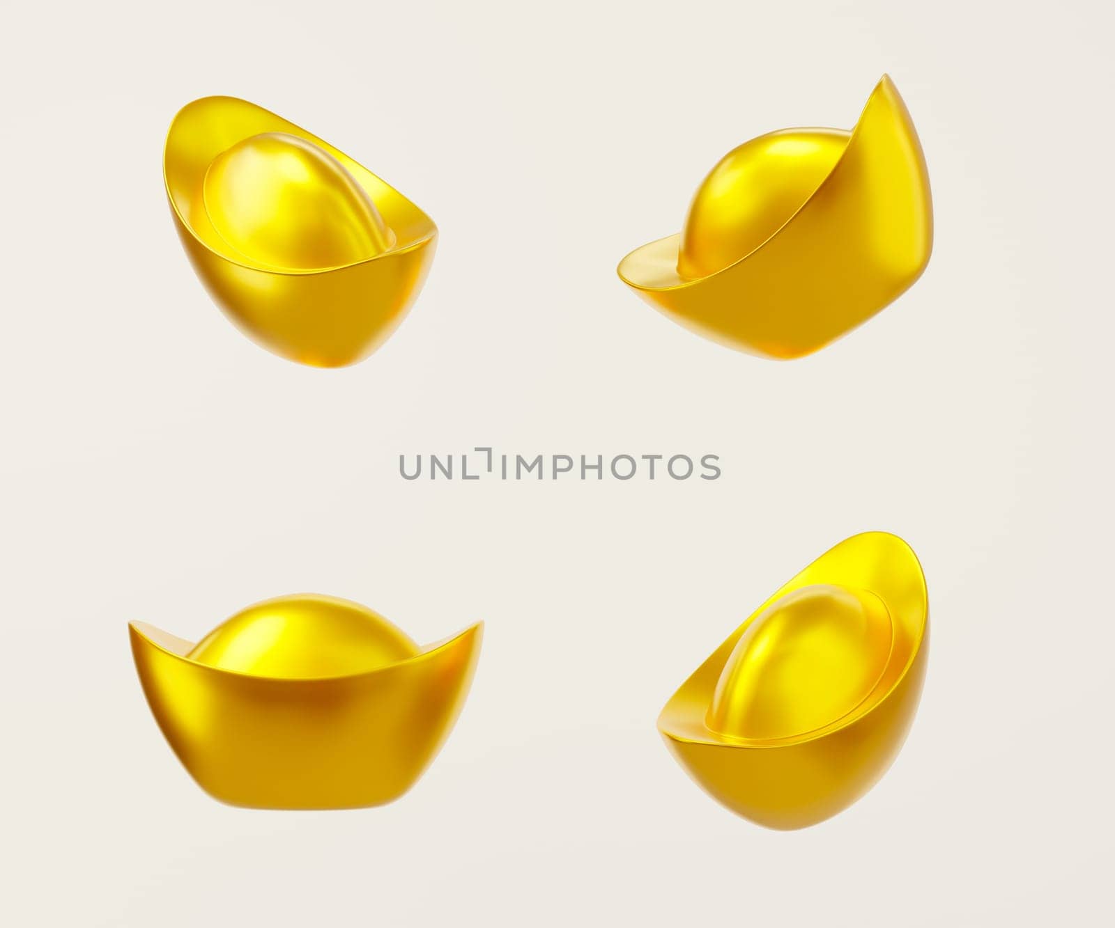 Happy Chinese New Year. Realistic Yuan Bao Chinese gold sycee ingots on white background icon for web design, Feng shui symbol New year lucky gift, Golden ancient China money 3D Rendering illustration