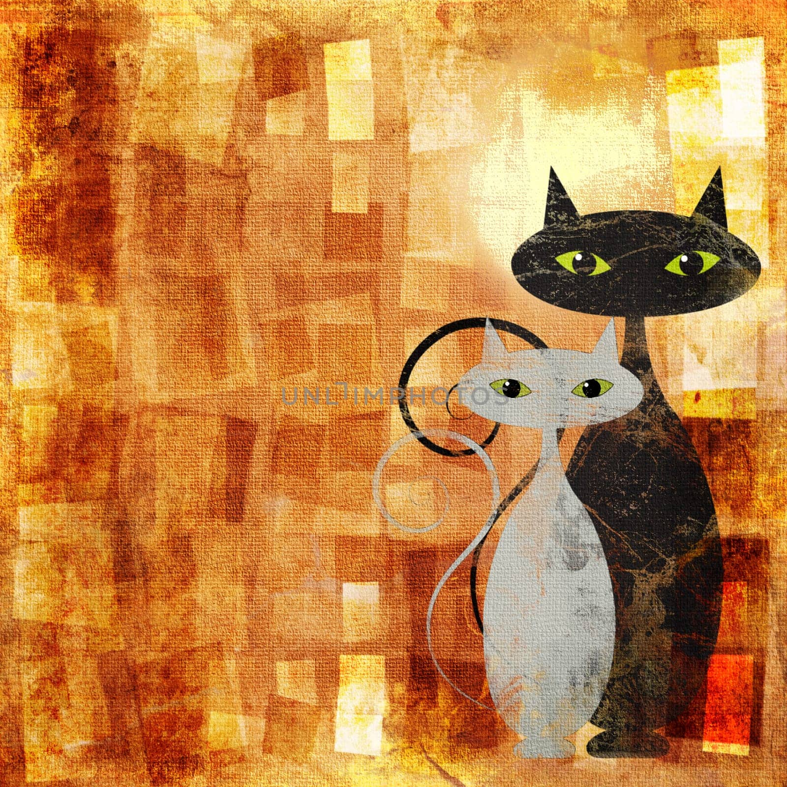 Black and white cat on orange grunge canvas