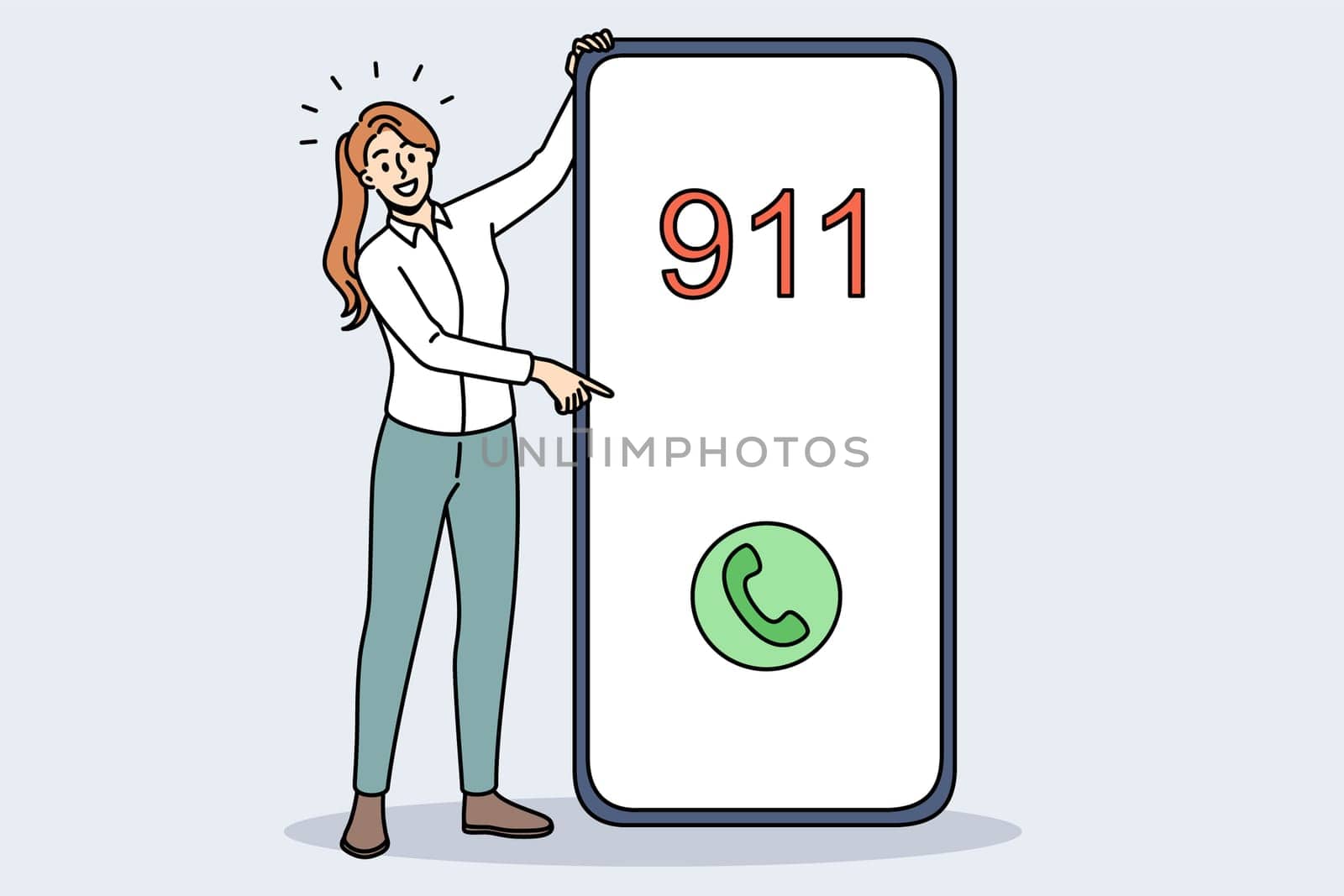 Emergency call and sos concept. Smiling woman standing near huge smartphone pointing at screen with 911 emergency green button call vector illustration