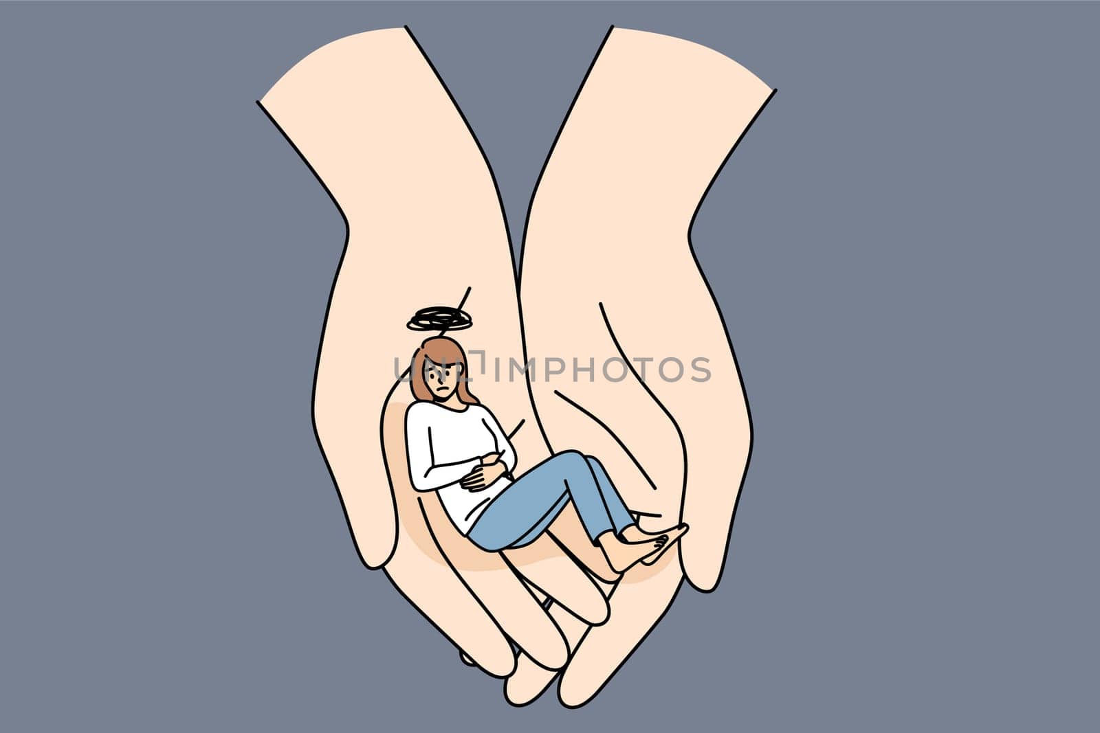 Helping hand and depression concept. Human hands holding sad depressed tine sad girl having heavy thoughts in hand thinking vector illustration