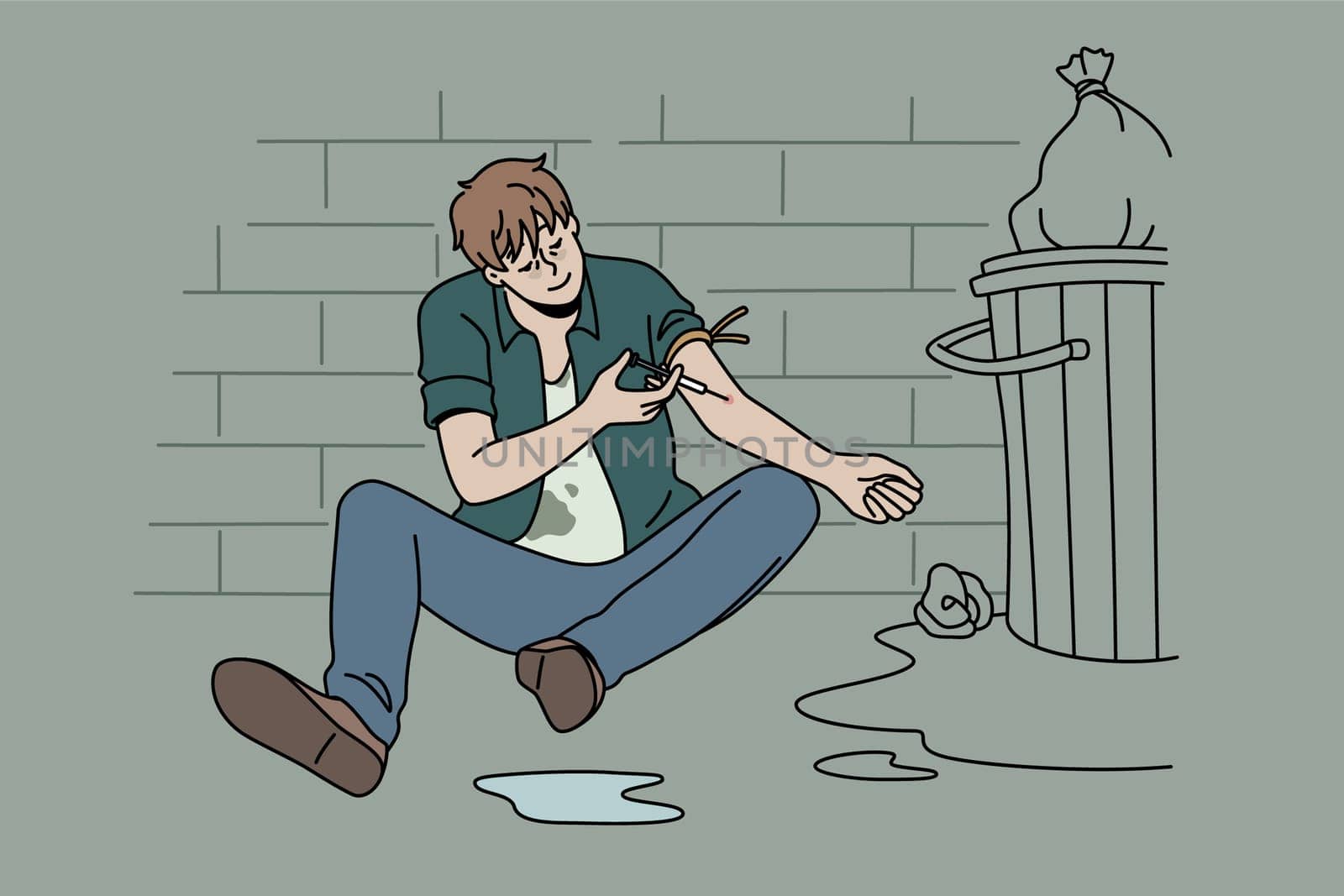 Drug addict and narcomaniac concept. Young man drug addict sitting on floor putting syringe with heroin into vein for pleasure vector illustration