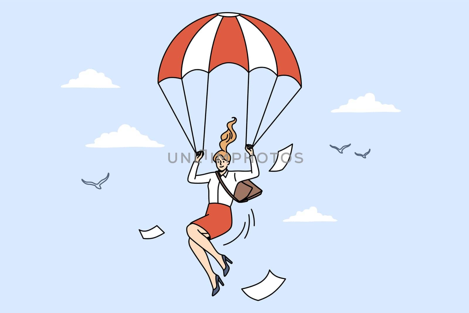 Business strategy and evacuation concept. Smiling positive business woman flying down with papers holding red white parachute in sky vector illustration