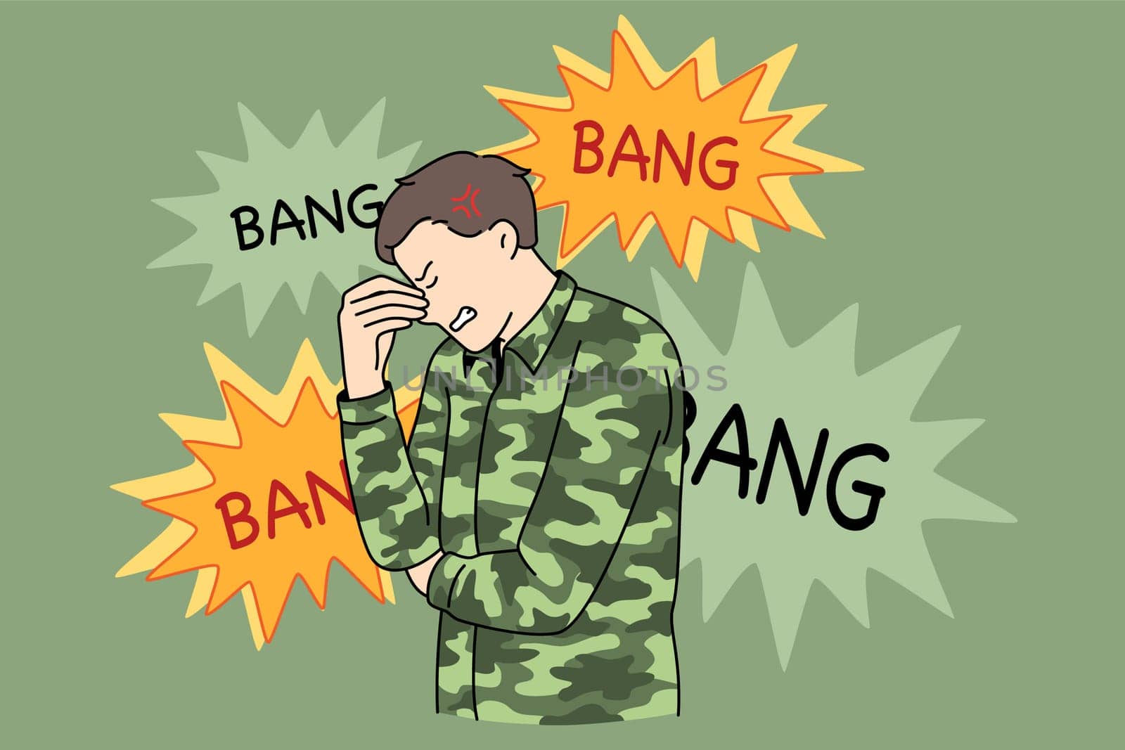 Remembering war and battle concept. Sad stressed soldier standing touching face remembering war fights and weapon battles with bang bang lettering around vector illustration