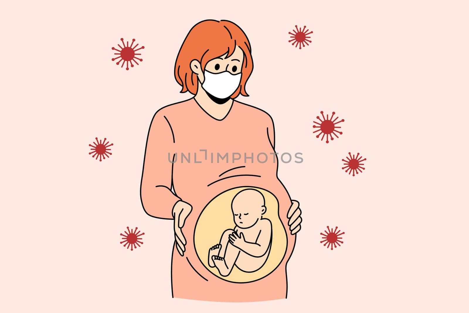 Pregnant woman and coronavirus infection concept. Young woman pregnant with baby inside standing wearing medical protective mask with bacterias flying around vector illustration