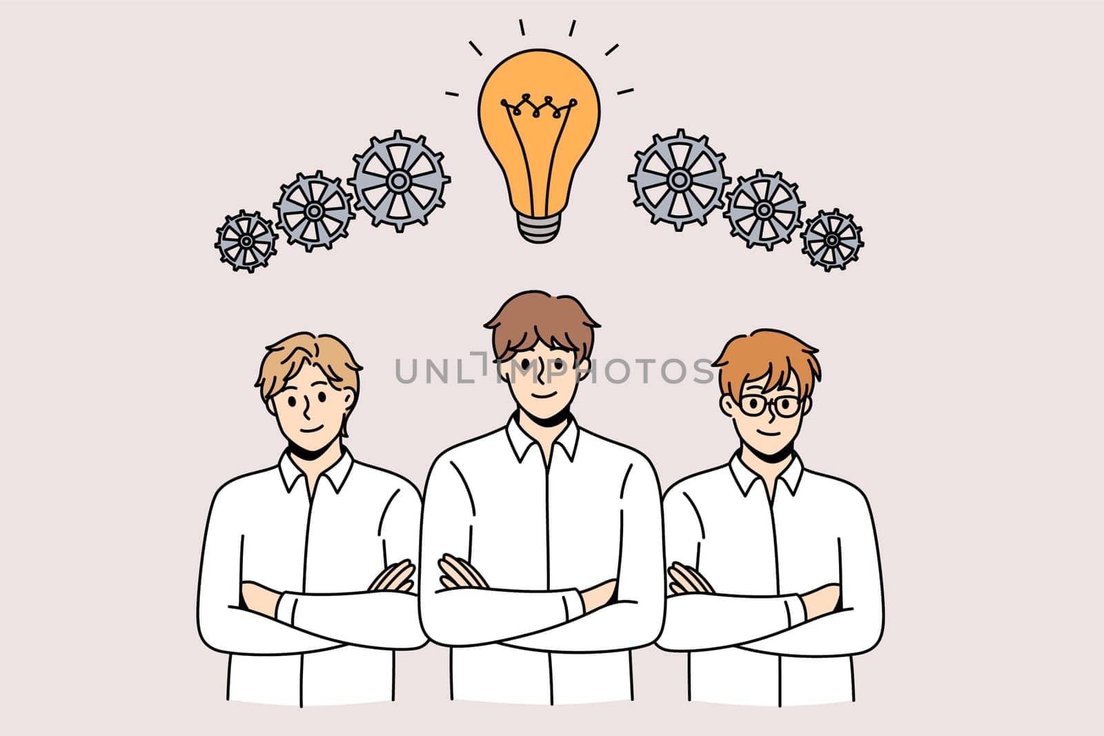Teamwork Motivation and brainstorm concept. Group of Smiling man and woman colleagues generate business idea for development and strategy Vector illustration.