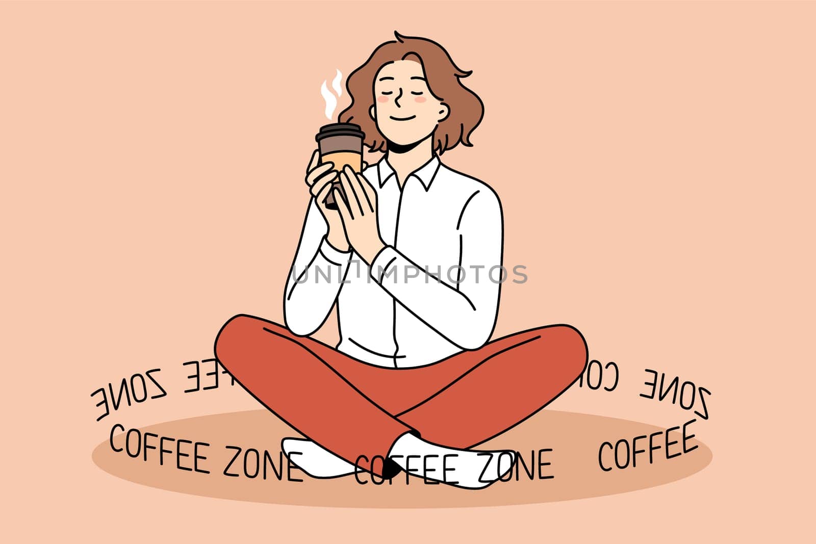Coffee lover and zone concept. Smiling positive girl sitting holding enjoying cup of fresh brewed coffee drink in hands with lettering around vector illustration