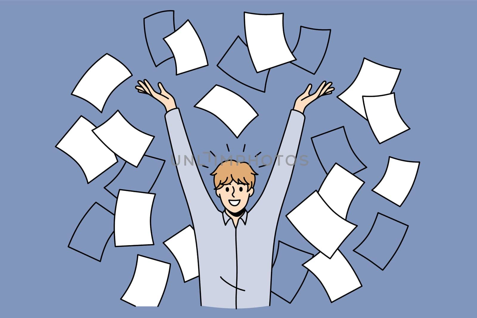 Time management success and development concept. Smiling positive man worker standing in heap of flying papers documents with raised hands feeling excited vector illustration
