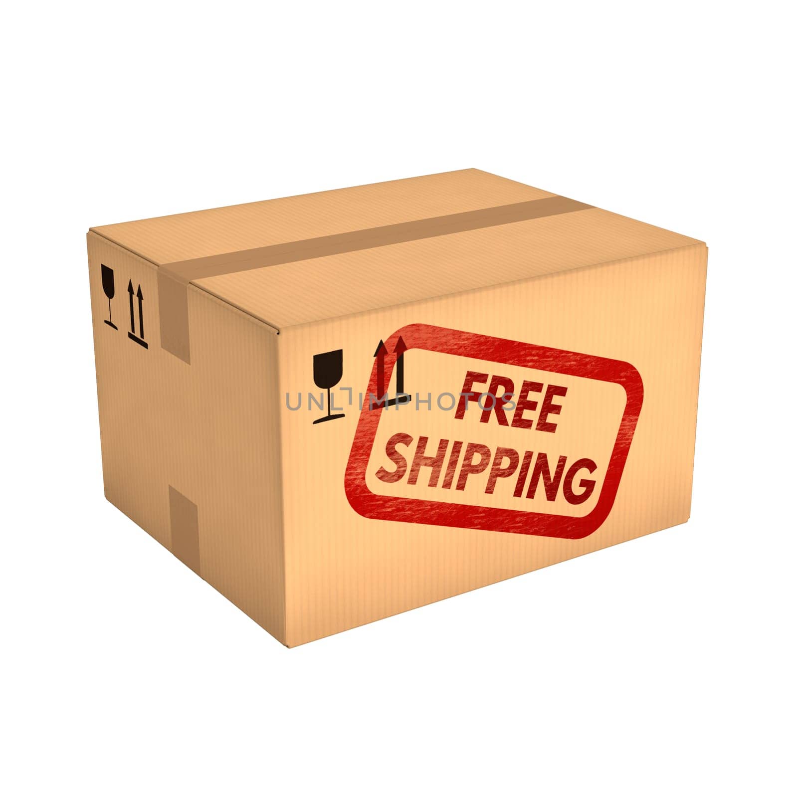 Free shipping. Closed cardboard box isolated on white background. Retail, logistics, delivery and storage concept. Side view with perspective.
