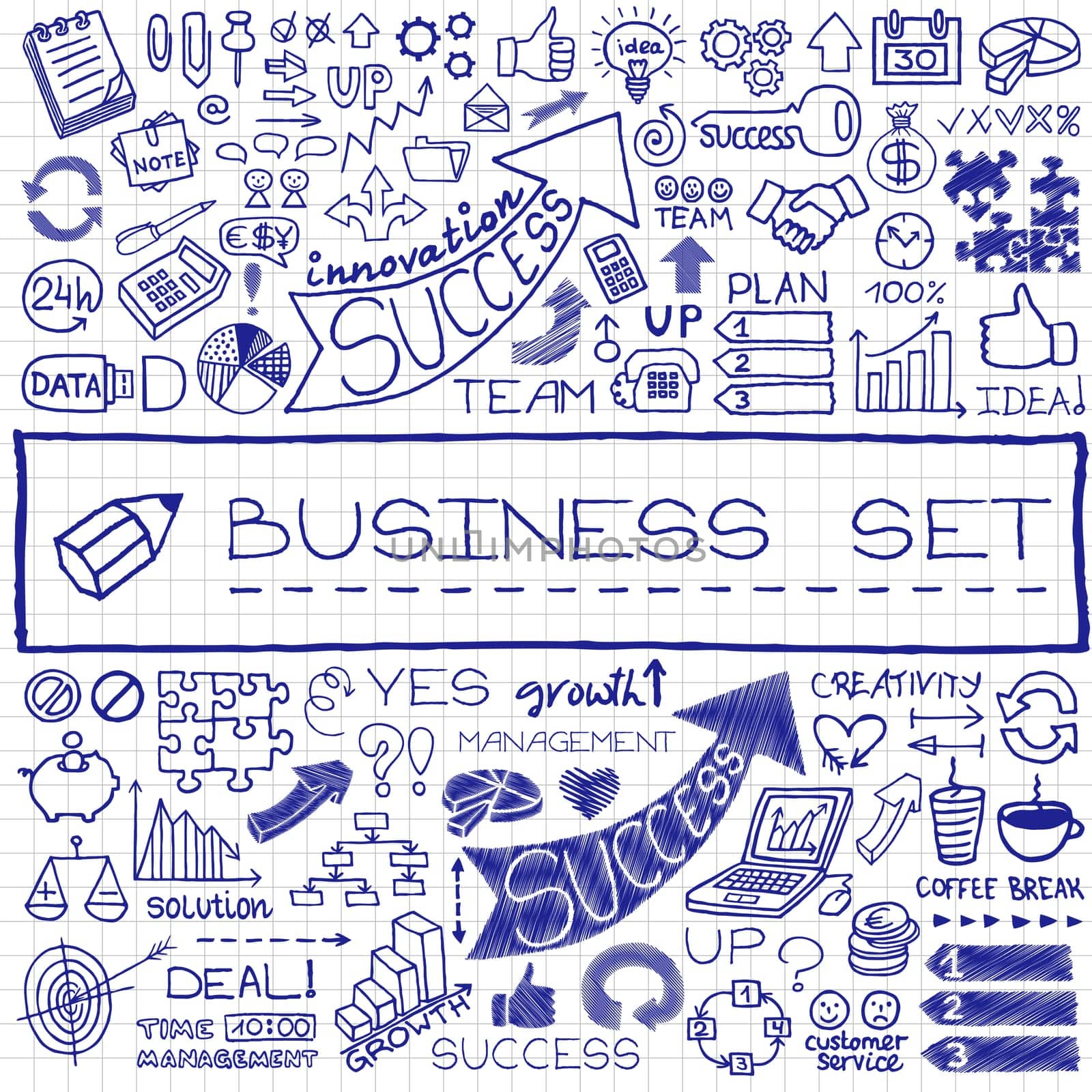 Hand drawn business icons set with arrows, diagrams, puzzle pieces, thumbs up and more. Chalkboard effect. Vector Illustration.