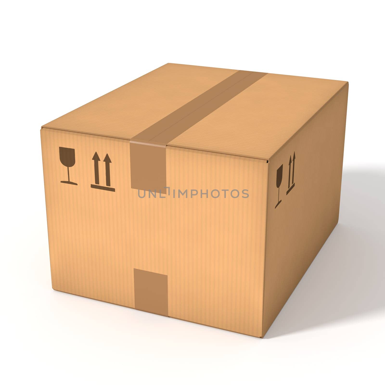 Closed cardboard box on white background. Retail, logistics, delivery and storage concept. Side view with perspective.