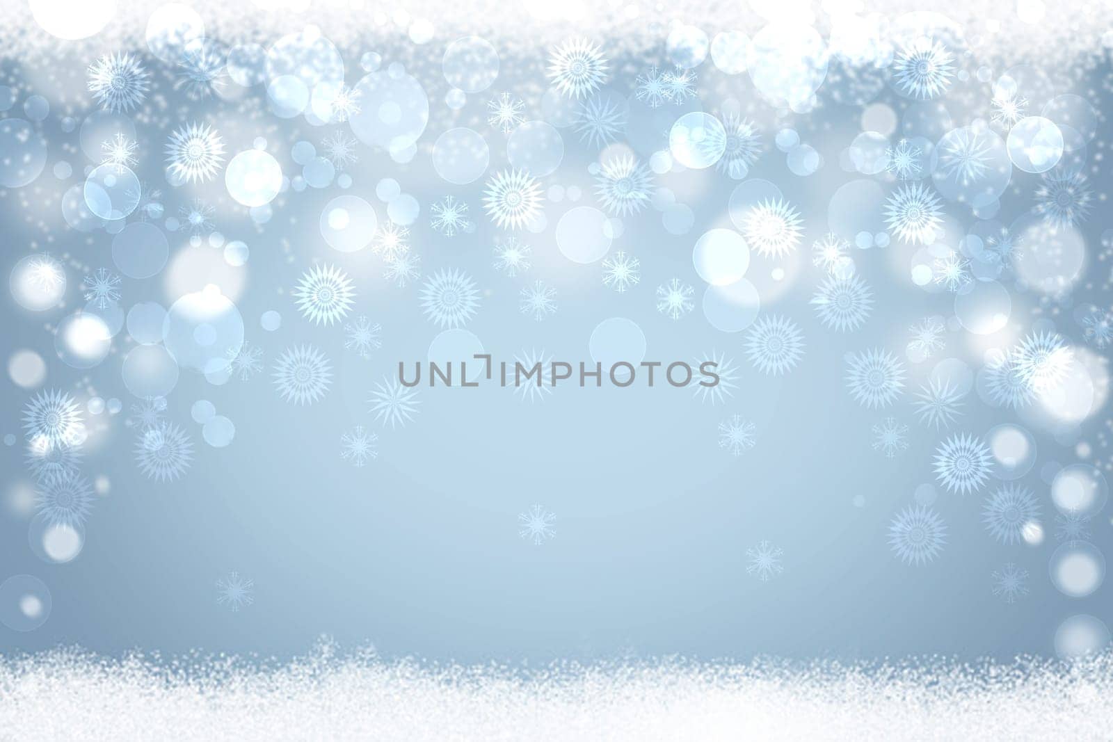 Abstract blurred festive winter christmas or Happy New Year background with shiny blue and white bokeh lighted snow landscape. Space for your design. Card concept.
