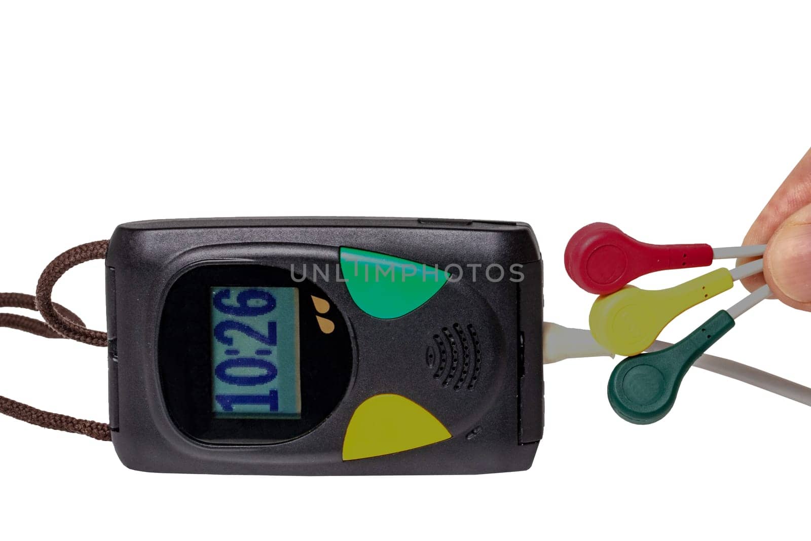 Heart monitor with ECG. Close-up of a Heart monitor with EKG (Electrocardiography) which recording of the heart's current waveform using electrodes attached to the body. Macro.Isolated.