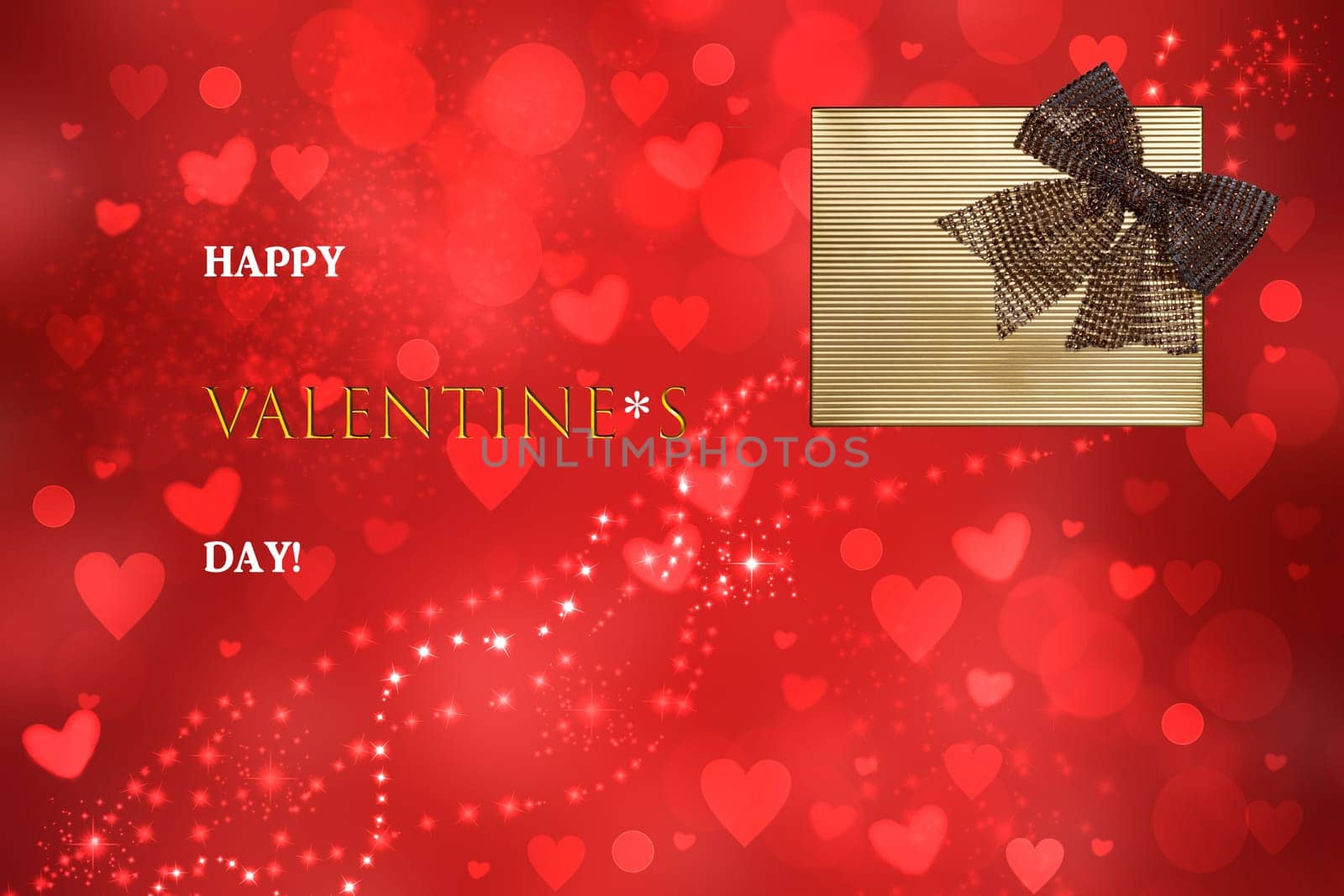 Happy valentines day card. Abstract festive love bokeh red hearts background texture with glitter ribbon bow on gold background,white stars and Valentine day text.