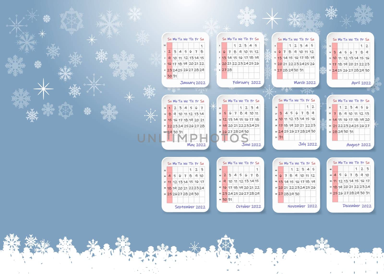 2022 table calendar in a snowy winter landscape. Week starts on Sunday.