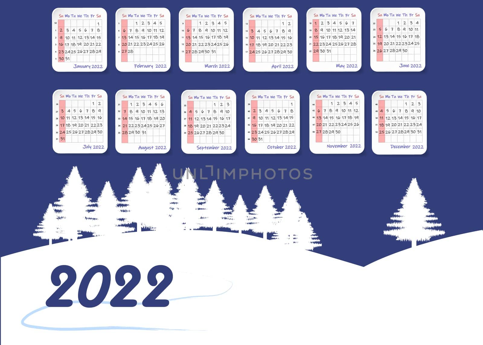 2022 table calendar with winter landscape and trees. Week starts on Sunday