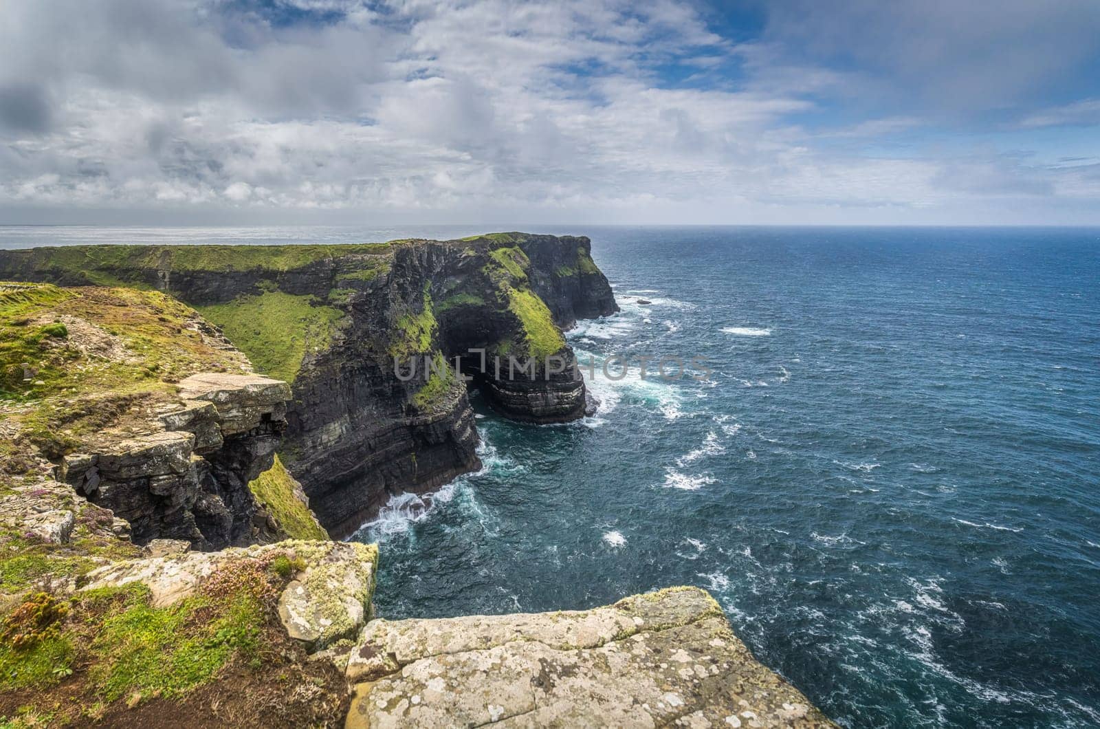 Beautiful panorama of iconic Cliffs of Moher, popular tourist attraction, Wild Atlantic Way, County Clare, Ireland