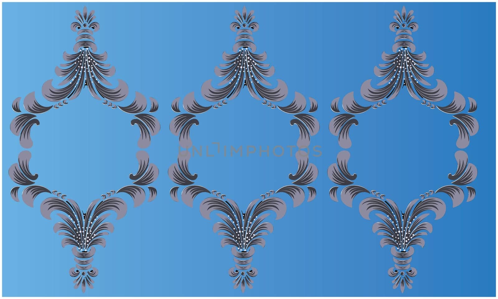 three grey artworks on abstract blue background