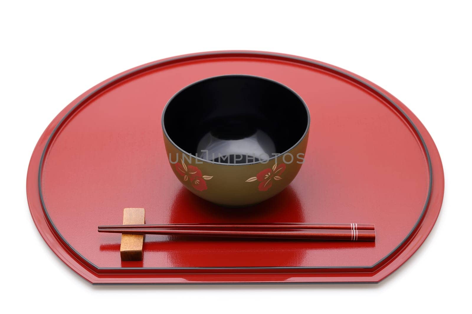 Miso soup bowl with chopsticks on tray, Traditional tableware of Japan. isolated on white background