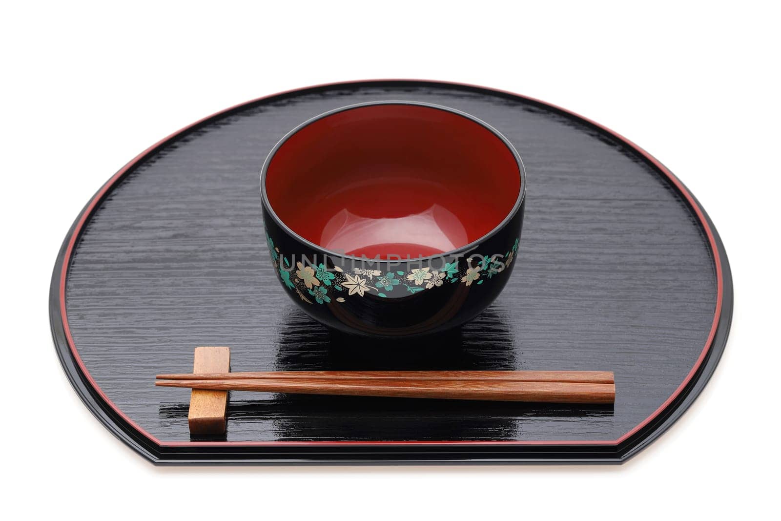 Miso soup bowl with chopsticks on tray, Traditional tableware of Japan. isolated on white background